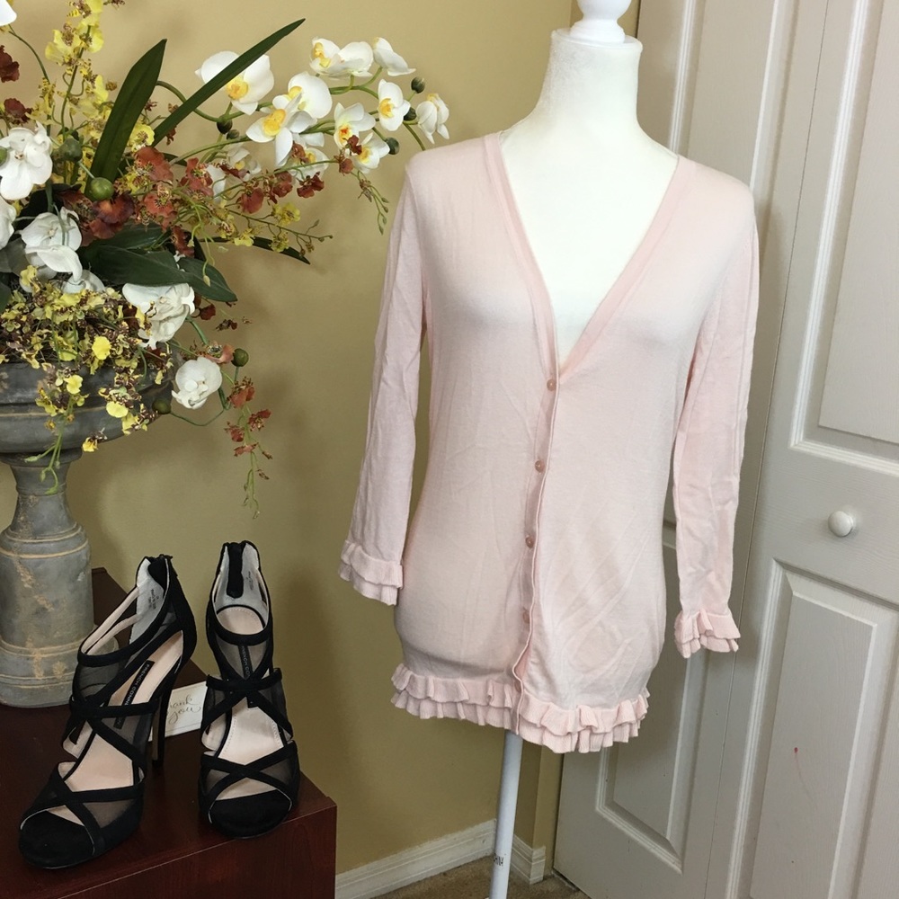NWT Ann Taylor Classic Light Pink Ruffle Hem Sweater Cardigan Size M